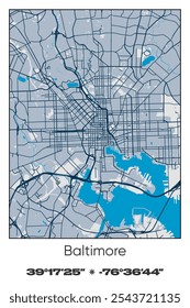 Editable vector poster map of Baltimore,Maryland, showcasing detailed street layouts, main roads, neighborhoods, and landmarks in Blue, Gray, Yellow, Olive colors.