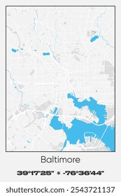 Editable vector poster map of Baltimore,Maryland, showcasing detailed street layouts, main roads, neighborhoods, and landmarks in Gray, white, blue colors.