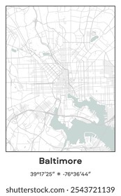 Editable vector poster map of Baltimore,Maryland, showcasing detailed street layouts, main roads, neighborhoods, and landmarks in Pastel, Gray, White, Green colors.