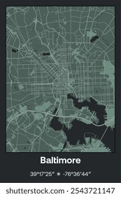 Editable vector poster map of Baltimore,Maryland, showcasing detailed street layouts, main roads, neighborhoods, and landmarks in Dark gray, Gray, Green, gray-green colors.