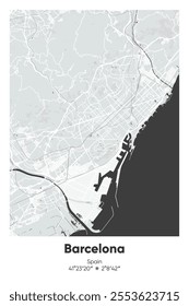 Editable vector poster map of Barcelona, Spain, showcasing detailed street layouts, main roads, neighborhoods, and landmarks in Gray, Black, White, BW colors.