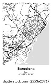 Editable vector poster map of Barcelona, Spain, showcasing detailed street layouts, main roads, neighborhoods, and landmarks in Black, white, gray, BW colors.