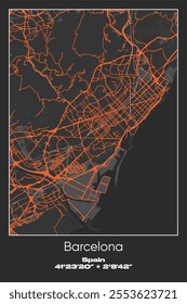 Editable vector poster map of Barcelona, Spain, showcasing detailed street layouts, main roads, neighborhoods, and landmarks in Gray, Black, Orange colors.