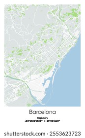 Editable vector poster map of Barcelona, Spain, showcasing detailed street layouts, main roads, neighborhoods, and landmarks in Gray, white, green, blue colors.