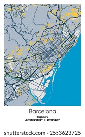 Editable vector poster map of Barcelona, Spain, showcasing detailed street layouts, main roads, neighborhoods, and landmarks in Blue, Gray, Yellow, Olive colors.