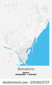 Editable vector poster map of Barcelona, Spain, showcasing detailed street layouts, main roads, neighborhoods, and landmarks in Gray, white, blue colors.