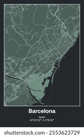 Editable vector poster map of Barcelona, Spain, showcasing detailed street layouts, main roads, neighborhoods, and landmarks in Dark gray, Gray, Green, gray-green colors.