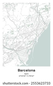 Editable vector poster map of Barcelona, Spain, showcasing detailed street layouts, main roads, neighborhoods, and landmarks in Pastel, Gray, White, Green colors.