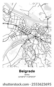 Editable vector poster map of Belgrade, Serbia, showcasing detailed street layouts, main roads, neighborhoods, and landmarks in Black, white, gray, BW colors.