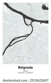 Editable vector poster map of Belgrade, Serbia, showcasing detailed street layouts, main roads, neighborhoods, and landmarks in Gray, Black, White, BW colors.