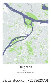 Editable vector poster map of Belgrade, Serbia, showcasing detailed street layouts, main roads, neighborhoods, and landmarks in Gray, Blue, Green, White colors.