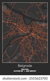 Editable vector poster map of Belgrade, Serbia, showcasing detailed street layouts, main roads, neighborhoods, and landmarks in Gray, Black, Orange colors.