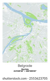 Editable vector poster map of Belgrade, Serbia, showcasing detailed street layouts, main roads, neighborhoods, and landmarks in Gray, white, green, blue colors.