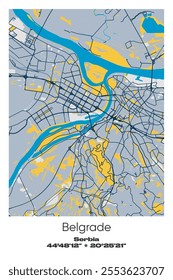 Editable vector poster map of Belgrade, Serbia, showcasing detailed street layouts, main roads, neighborhoods, and landmarks in Blue, Gray, Yellow, Olive colors.