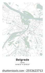 Editable vector poster map of Belgrade, Serbia, showcasing detailed street layouts, main roads, neighborhoods, and landmarks in Pastel, Gray, White, Green colors.