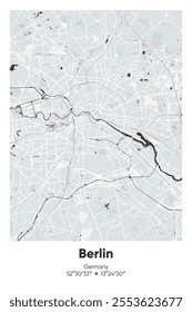 Editable vector poster map of Berlin, Germany, showcasing detailed street layouts, main roads, neighborhoods, and landmarks in Gray, Black, White, BW colors.