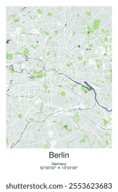 Editable vector poster map of Berlin, Germany, showcasing detailed street layouts, main roads, neighborhoods, and landmarks in Gray, Blue, Green, White colors.