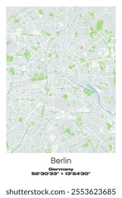 Editable vector poster map of Berlin, Germany, showcasing detailed street layouts, main roads, neighborhoods, and landmarks in Gray, white, green, blue colors.