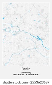 Editable vector poster map of Berlin, Germany, showcasing detailed street layouts, main roads, neighborhoods, and landmarks in Gray, white, blue colors.