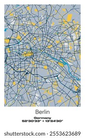 Editable vector poster map of Berlin, Germany, showcasing detailed street layouts, main roads, neighborhoods, and landmarks in Blue, Gray, Yellow, Olive colors.