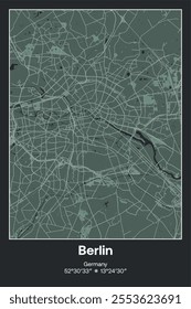 Editable vector poster map of Berlin, Germany, showcasing detailed street layouts, main roads, neighborhoods, and landmarks in Dark gray, Gray, Green, gray-green colors.