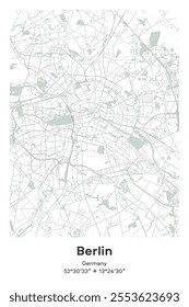 Editable vector poster map of Berlin, Germany, showcasing detailed street layouts, main roads, neighborhoods, and landmarks in Pastel, Gray, White, Green colors.