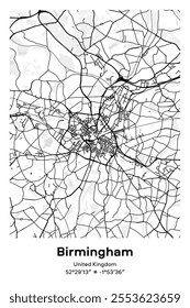 Editable vector poster map of Birmingham, United Kingdom, showcasing detailed street layouts, main roads, neighborhoods, and landmarks in Black, white, gray, BW colors.