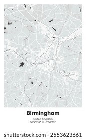 Editable vector poster map of Birmingham, United Kingdom, showcasing detailed street layouts, main roads, neighborhoods, and landmarks in Gray, Black, White, BW colors.