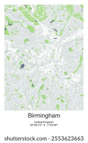 Editable vector poster map of Birmingham, United Kingdom, showcasing detailed street layouts, main roads, neighborhoods, and landmarks in Gray, Blue, Green, White colors.