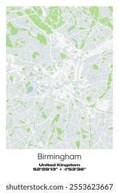 Editable vector poster map of Birmingham, United Kingdom, showcasing detailed street layouts, main roads, neighborhoods, and landmarks in Gray, white, green, blue colors.