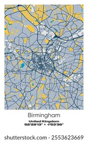 Editable vector poster map of Birmingham, United Kingdom, showcasing detailed street layouts, main roads, neighborhoods, and landmarks in Blue, Gray, Yellow, Olive colors.