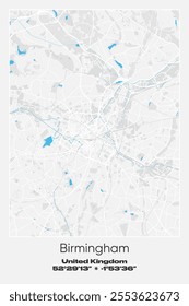 Editable vector poster map of Birmingham, United Kingdom, showcasing detailed street layouts, main roads, neighborhoods, and landmarks in Gray, white, blue colors.