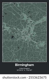 Editable vector poster map of Birmingham, United Kingdom, showcasing detailed street layouts, main roads, neighborhoods, and landmarks in Dark gray, Gray, Green, gray-green colors.