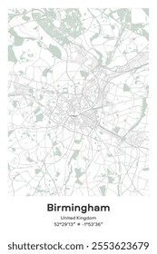 Editable vector poster map of Birmingham, United Kingdom, showcasing detailed street layouts, main roads, neighborhoods, and landmarks in Pastel, Gray, White, Green colors.