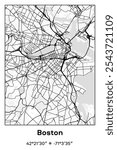 Editable vector poster map of Boston,Massachusetts, showcasing detailed street layouts, main roads, neighborhoods, and landmarks in Black, white, gray colors.