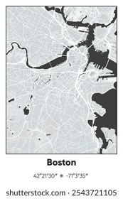 Editable vector poster map of Boston,Massachusetts, showcasing detailed street layouts, main roads, neighborhoods, and landmarks in Gray, Black, White colors.