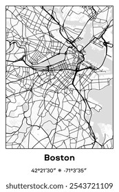 Editable vector poster map of Boston,Massachusetts, showcasing detailed street layouts, main roads, neighborhoods, and landmarks in Black, white, gray colors.