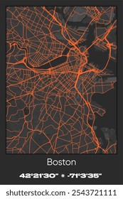 Editable vector poster map of Boston,Massachusetts, showcasing detailed street layouts, main roads, neighborhoods, and landmarks in Gray, Black, Orange colors.