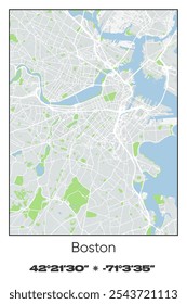 Editable vector poster map of Boston,Massachusetts, showcasing detailed street layouts, main roads, neighborhoods, and landmarks in Gray, white, green, blue colors.