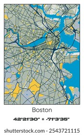 Editable vector poster map of Boston,Massachusetts, showcasing detailed street layouts, main roads, neighborhoods, and landmarks in Blue, Gray, Yellow, Olive colors.