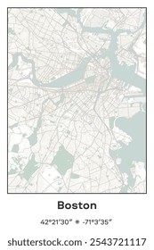 Editable vector poster map of Boston,Massachusetts, showcasing detailed street layouts, main roads, neighborhoods, and landmarks in Pastel, Gray, White, Green colors.