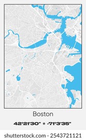 Editable vector poster map of Boston,Massachusetts, showcasing detailed street layouts, main roads, neighborhoods, and landmarks in Gray, white, blue colors.