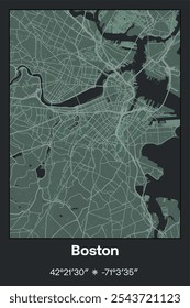Editable vector poster map of Boston,Massachusetts, showcasing detailed street layouts, main roads, neighborhoods, and landmarks in Dark gray, Gray, Green, gray-green colors.