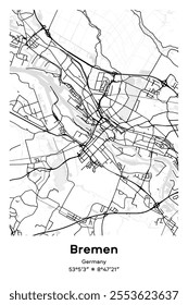 Editable vector poster map of Bremen, Germany, showcasing detailed street layouts, main roads, neighborhoods, and landmarks in Black, white, gray, BW colors.