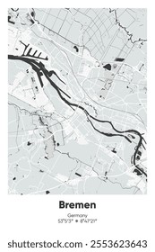 Editable vector poster map of Bremen, Germany, showcasing detailed street layouts, main roads, neighborhoods, and landmarks in Gray, Black, White, BW colors.