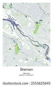 Editable vector poster map of Bremen, Germany, showcasing detailed street layouts, main roads, neighborhoods, and landmarks in Gray, Blue, Green, White colors.