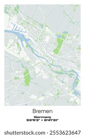 Editable vector poster map of Bremen, Germany, showcasing detailed street layouts, main roads, neighborhoods, and landmarks in Gray, white, green, blue colors.