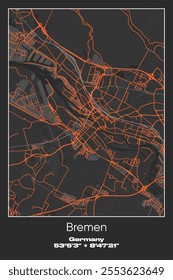 Editable vector poster map of Bremen, Germany, showcasing detailed street layouts, main roads, neighborhoods, and landmarks in Gray, Black, Orange colors.