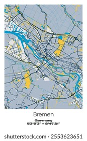 Editable vector poster map of Bremen, Germany, showcasing detailed street layouts, main roads, neighborhoods, and landmarks in Blue, Gray, Yellow, Olive colors.