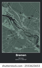 Editable vector poster map of Bremen, Germany, showcasing detailed street layouts, main roads, neighborhoods, and landmarks in Dark gray, Gray, Green, gray-green colors.